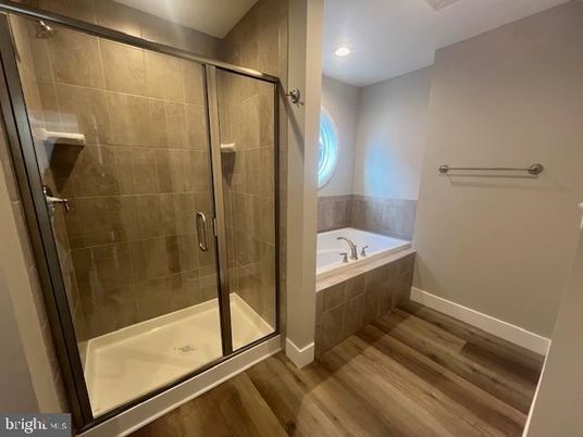 Bathroom, Glass Shower, Interior, Recessed Lighting, Wood Texture Flooring
