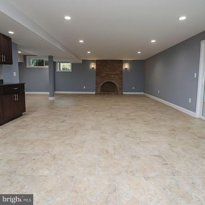 Empty room, Fireplace, Interior, Recessed Lighting, Stone Walls