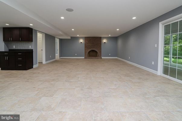 Empty room, Fireplace, Interior, Kitchen, Recessed Lighting, Stone Walls