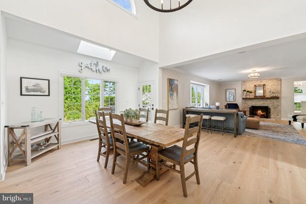 Dining room, Fireplace, Interior, Living room, Wood Texture Flooring