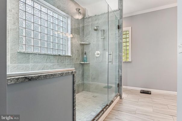 Bathroom, Glass Shower, Interior, Wood Texture Flooring