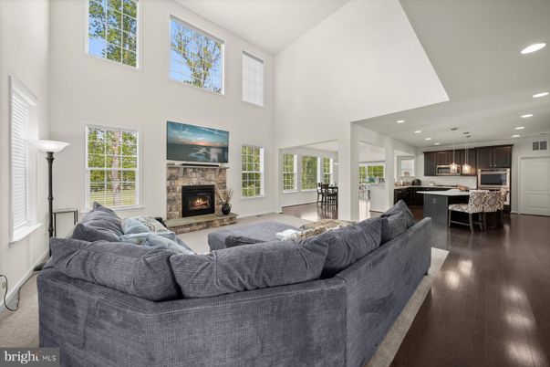 Dining room, Fireplace, Interior, Kitchen, Living room, Pendant Lights, Recessed Lighting, Wood Texture Flooring