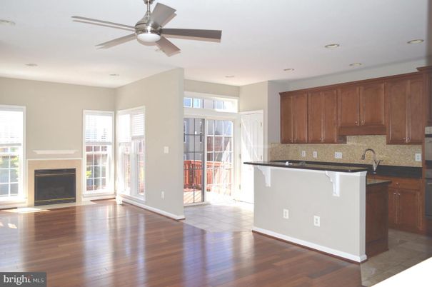 Fireplace, Interior, Kitchen, Recessed Lighting, Wood Texture Flooring