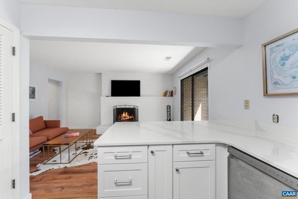 Fireplace, Interior, Kitchen, Living room, Wood Texture Flooring