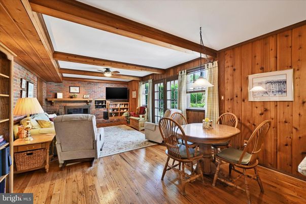 Dining room, Fireplace, Interior, Living room, Pendant Lights, Stone Walls, Wooden Beams, Wood Texture Flooring, Wooden Walls