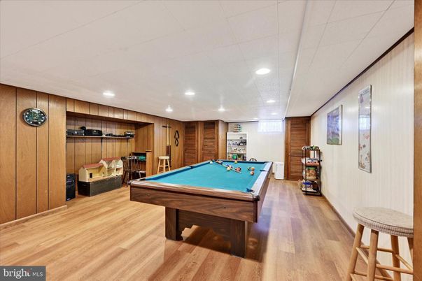Billiard Table, Game Room, Interior, Recessed Lighting, Wood Texture Flooring, Wooden Walls