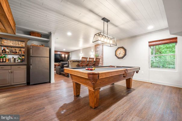 Billiard Table, Game Room, Interior, Pendant Lights, Recessed Lighting, Wood Texture Flooring