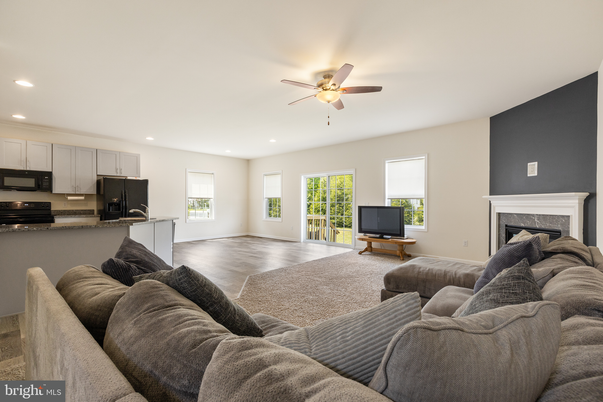 Fireplace, Interior, Kitchen, Living room, Recessed Lighting, Wood Texture Flooring