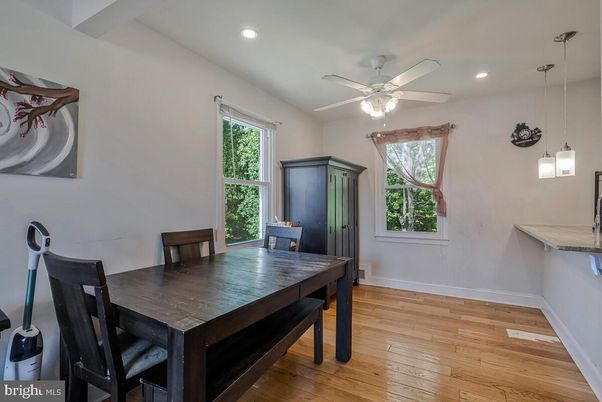 Dining room, Interior, Pendant Lights, Recessed Lighting, Wood Texture Flooring