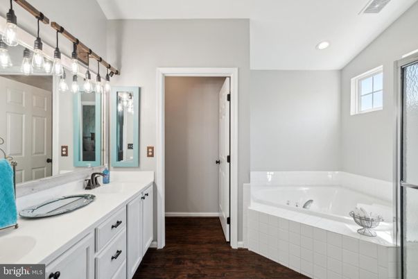 Bathroom, Dual Sink Vanities, Interior, Recessed Lighting, Wood Texture Flooring
