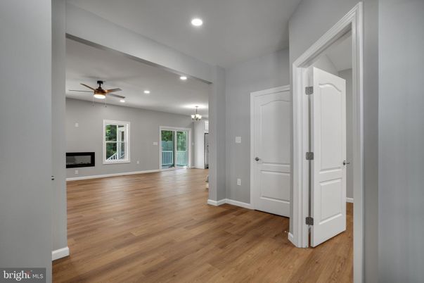 Chandelier, Empty room, Interior, Recessed Lighting, Wood Texture Flooring