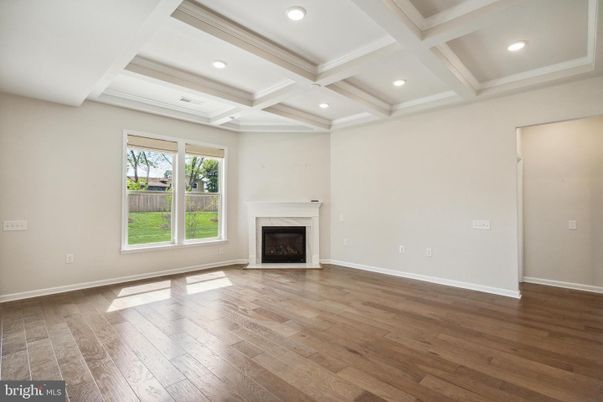 Empty room, Fireplace, Interior, Recessed Lighting, Wood Texture Flooring