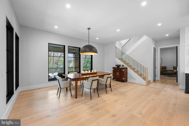 Dining room, Interior, Pendant Lights, Recessed Lighting, Wood Texture Flooring