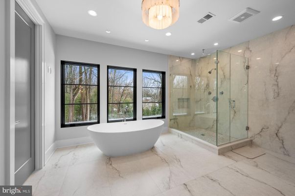 Bathroom, Free Standing Baths, Glass Shower, Interior, Marble, Marble Walls, Recessed Lighting