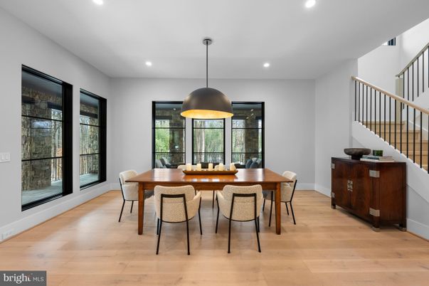 Dining room, Interior, Pendant Lights, Recessed Lighting, Wood Texture Flooring