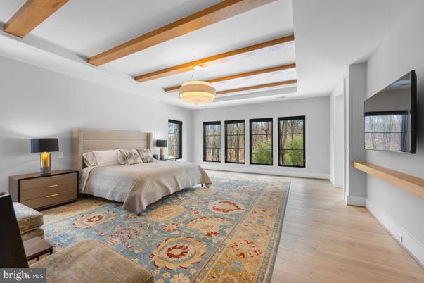 Bedroom, Interior, Pendant Lights, Wooden Beams, Wood Texture Flooring