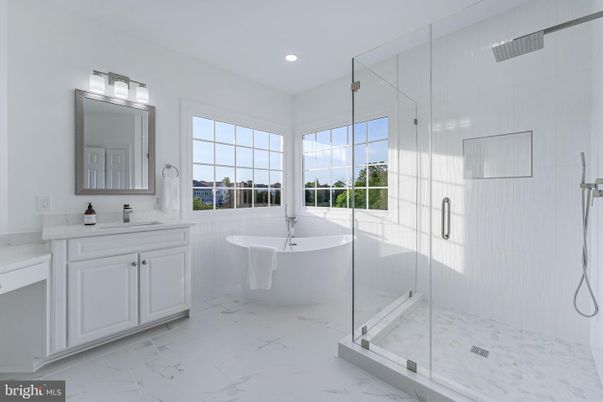 Bathroom, Dual Sink Vanities, Free Standing Baths, Glass Shower, Interior, Marble, Recessed Lighting