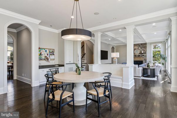 Dining room, Fireplace, Interior, Living room, Pendant Lights, Recessed Lighting, Wood Texture Flooring