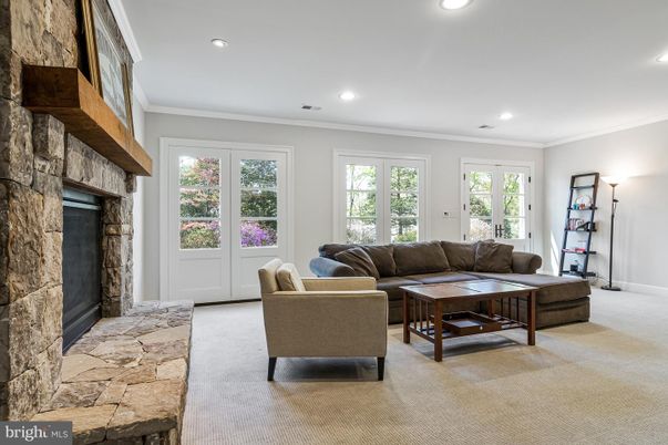 Fireplace, Interior, Living room, Recessed Lighting, Stone Walls