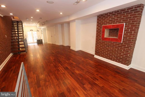 Empty room, Interior, Recessed Lighting, Stone Walls, Wood Texture Flooring