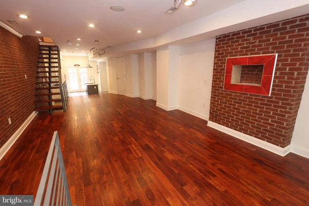 Empty room, Interior, Recessed Lighting, Stone Walls, Wood Texture Flooring