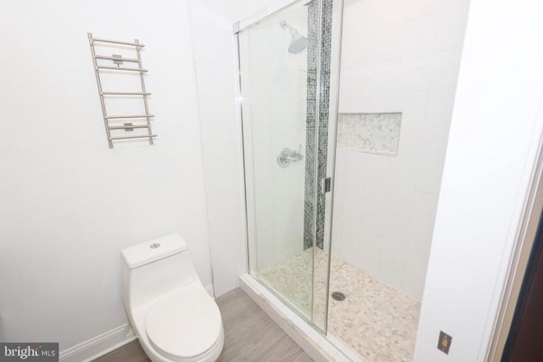 Bathroom, Glass Shower, Interior, Wood Texture Flooring