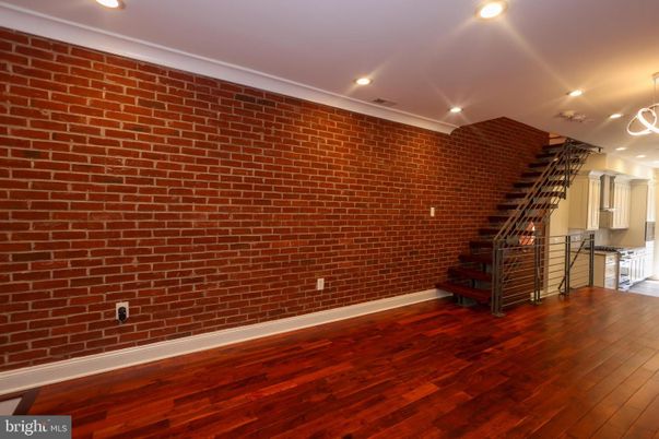 Empty room, Interior, Recessed Lighting, Stone Walls, Wood Texture Flooring