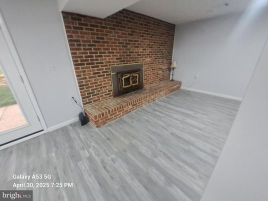 Empty room, Fireplace, Interior, Stone Walls, Wood Texture Flooring