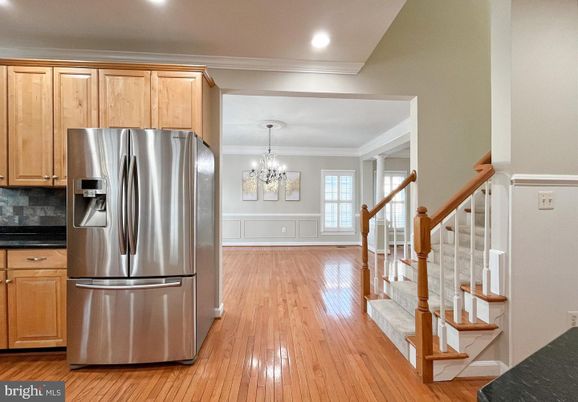 Chandelier, Interior, Kitchen, Recessed Lighting, Stainless Steel Appliances, Wood Texture Flooring