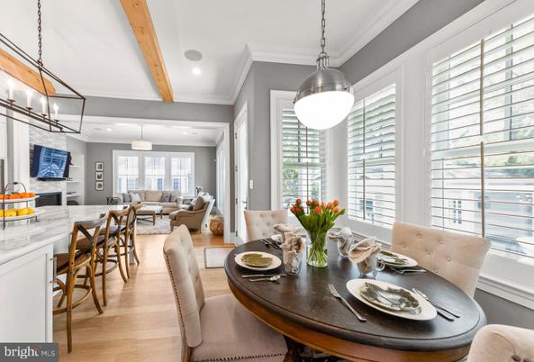 Dining room, Fireplace, Interior, Living room, Pendant Lights, Recessed Lighting, Wooden Beams, Wood Texture Flooring