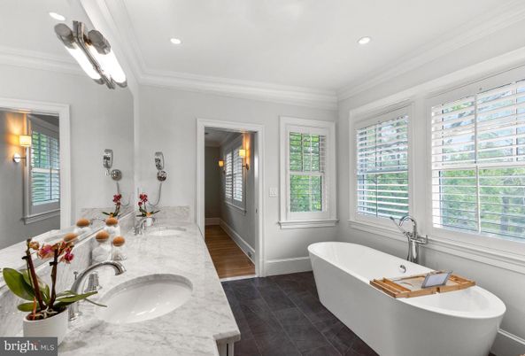 Bathroom, Dual Sink Vanities, Free Standing Baths, Interior, Recessed Lighting, Wood Texture Flooring