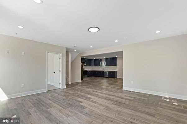 Empty room, Interior, Kitchen, Recessed Lighting, Wood Texture Flooring