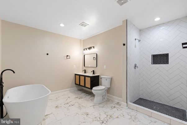 Bathroom, Free Standing Baths, Glass Shower, Interior, Marble, Recessed Lighting