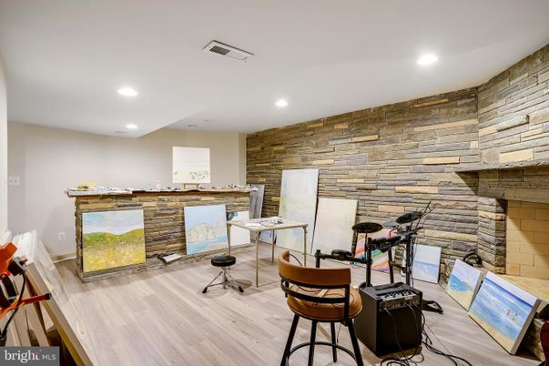 Fitness Equipment, Interior, Recessed Lighting, Stone Walls, Wood Texture Flooring, Wooden Walls