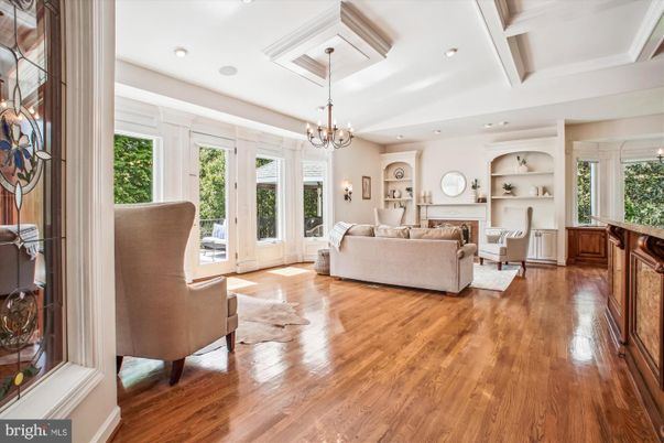 Chandelier, Fireplace, Interior, Living room, Recessed Lighting, Wood Texture Flooring