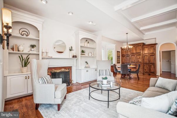 Chandelier, Dining room, Fireplace, Interior, Living room, Recessed Lighting, Wood Texture Flooring