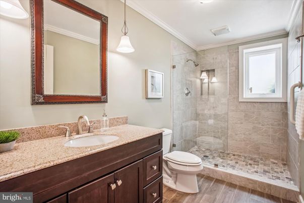 Bathroom, Glass Shower, Interior, Pendant Lights, Wood Texture Flooring