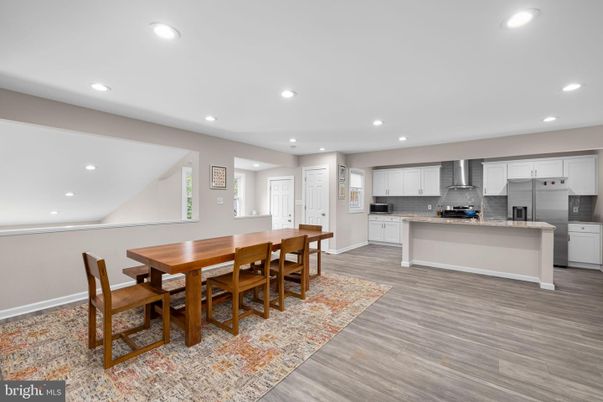 Dining room, Interior, Kitchen, Recessed Lighting, Stainless Steel Appliances, Wood Texture Flooring