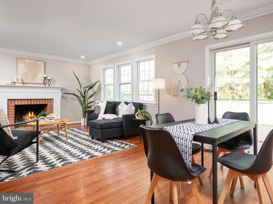 Dining room, Fireplace, Interior, Living room, Recessed Lighting, Wood Texture Flooring