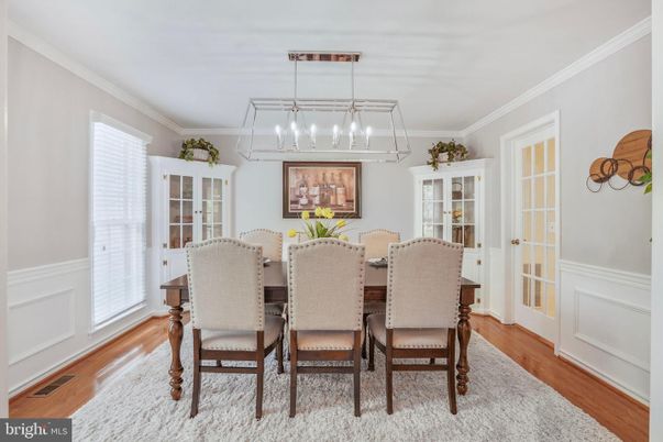 Dining room, Interior, Pendant Lights, Wood Texture Flooring