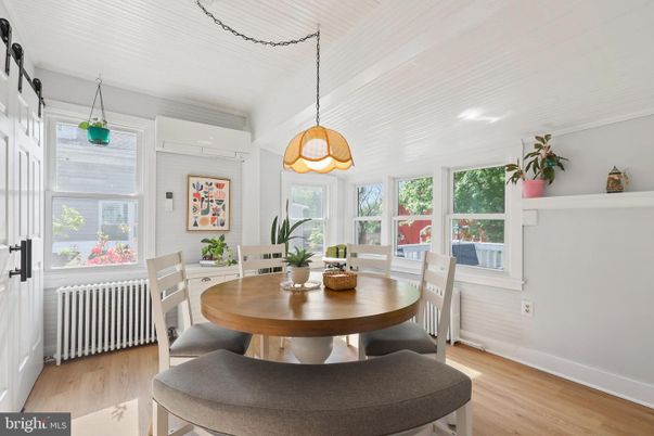 Dining room, Interior, Pendant Lights, Wood Texture Flooring
