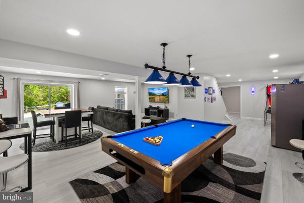 Billiard Table, Dining room, Game Room, Interior, Pendant Lights, Recessed Lighting, Wood Texture Flooring