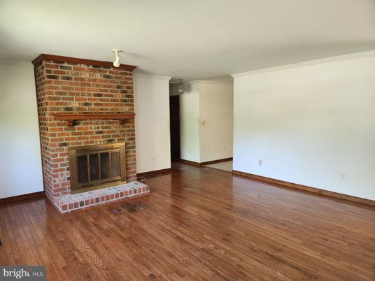 Empty room, Fireplace, Interior, Stone Walls, Wood Texture Flooring