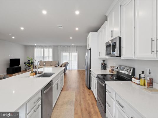 Interior, Kitchen, Living room, Recessed Lighting, Stainless Steel Appliances, Wood Texture Flooring