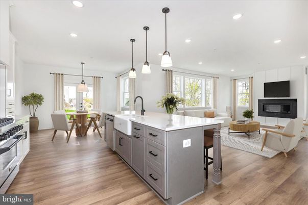 Dining room, Fireplace, Interior, Kitchen, Living room, Pendant Lights, Recessed Lighting, Stainless Steel Appliances, Wood Texture Flooring