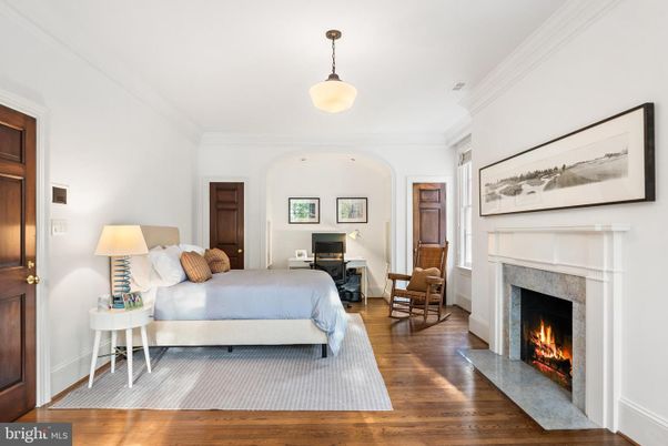Bedroom, Fireplace, Interior, Pendant Lights, Wood Texture Flooring