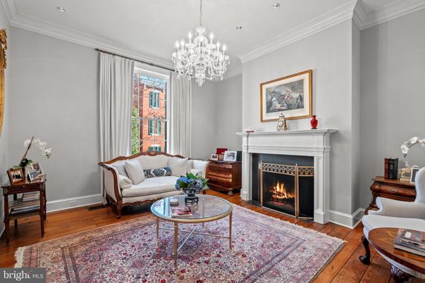 Chandelier, Fireplace, Interior, Living room, Recessed Lighting, Wood Texture Flooring