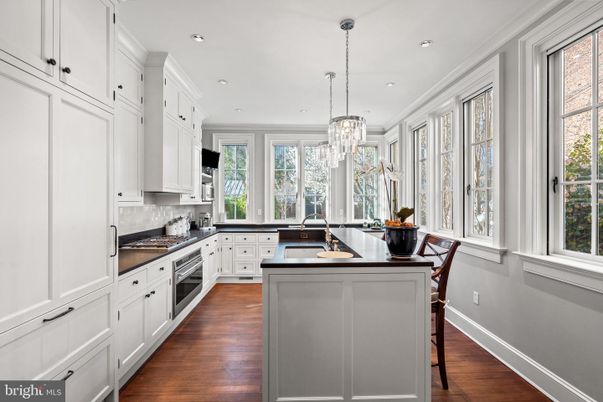 Chandelier, Interior, Kitchen, Pendant Lights, Recessed Lighting, Stainless Steel Appliances, Wood Texture Flooring