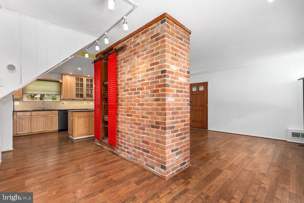 Interior, Kitchen, Recessed Lighting, Stone Walls, Wood Texture Flooring