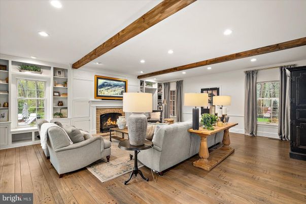 Fireplace, Interior, Living room, Recessed Lighting, Wooden Beams, Wood Texture Flooring